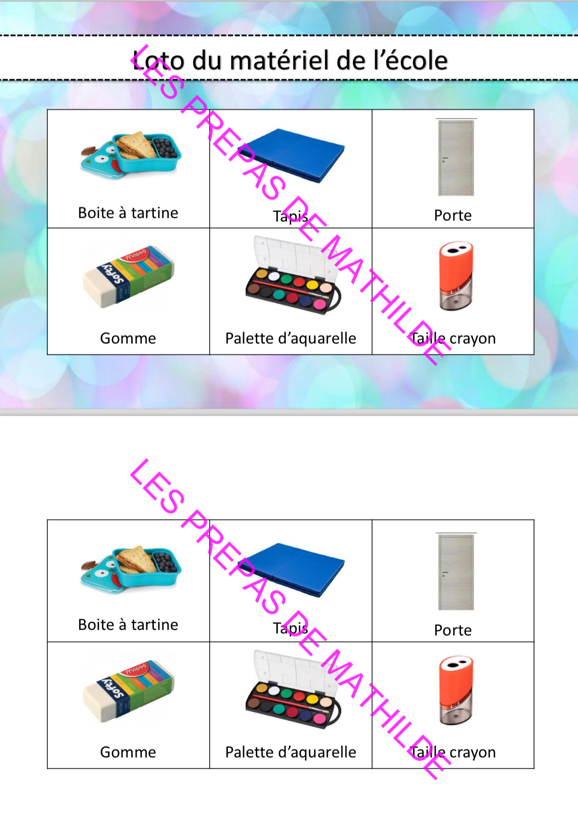 Jeu de loto : le matériel de l'école