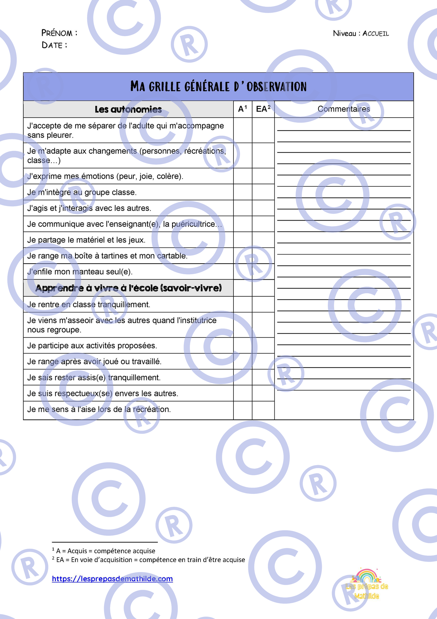 PACK : Les grilles d'observations
