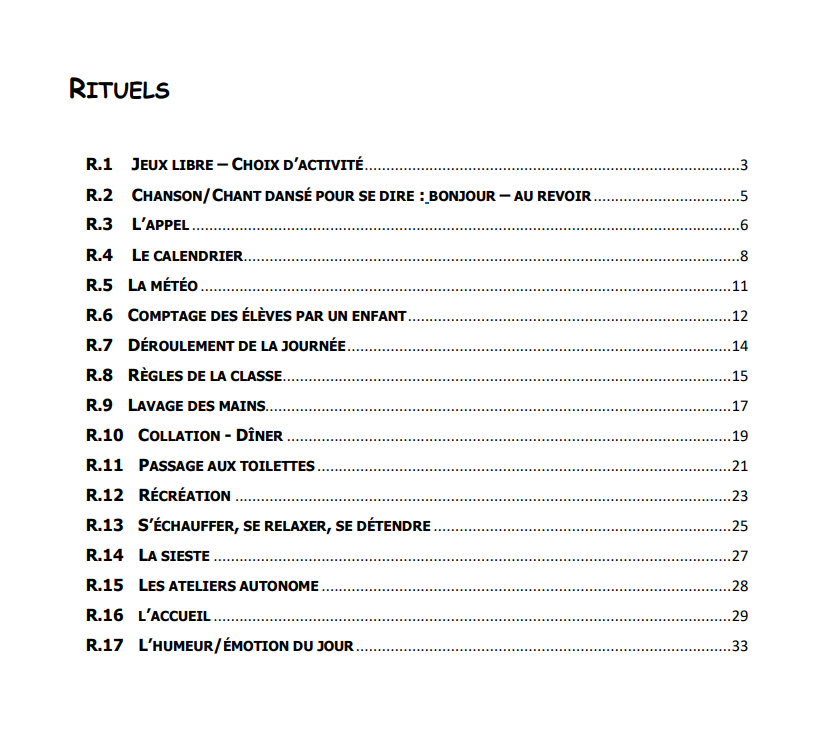 Préparation maternelle en lien avec le référentiel Belge: Les rituels : tables des matières