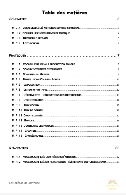 Préparations maternelle en lien avec le référentiel Belge: Pack Expression musicale : table des matières