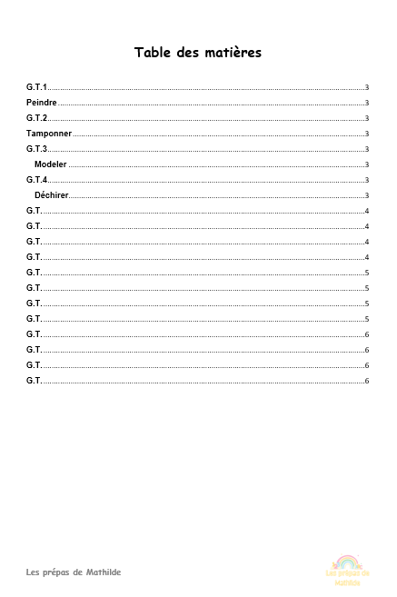 Préparations maternelle en lien avec le référentiel Belge: Pack Expression musicale/plastique/expression : tables des matières