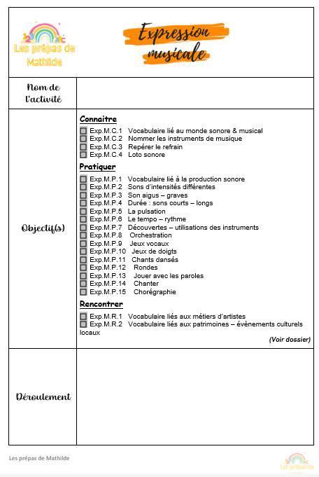 Préparations maternelle en lien avec le référentiel Belge: Pack Expression musicale/plastique/expression