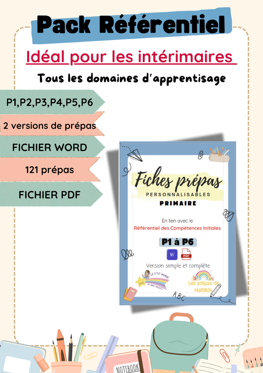 PACK tout-en-un du référentiel (P1/P6) : 121 prépas personnalisables PRIMAIRE WORD/PDF